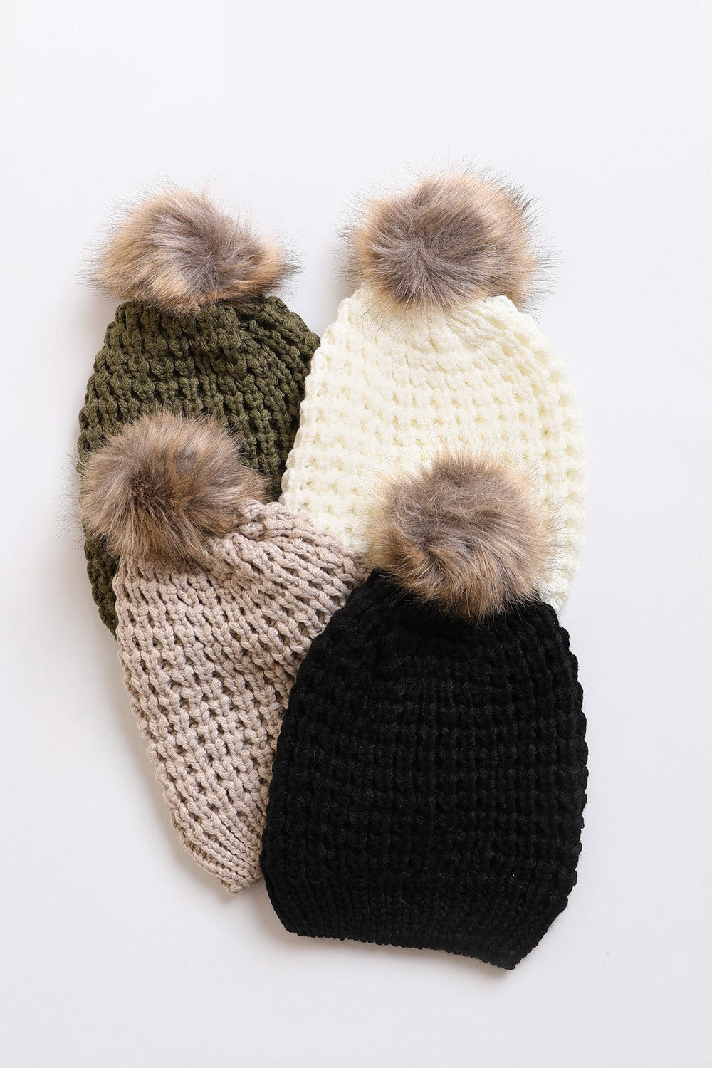Aspen Waffle Knit Faux Fur Beanie - Black