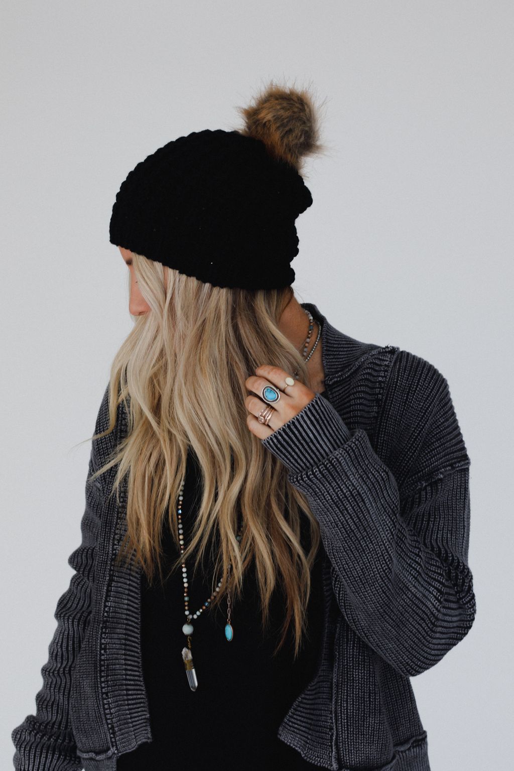 Aspen Waffle Knit Faux Fur Beanie - Black