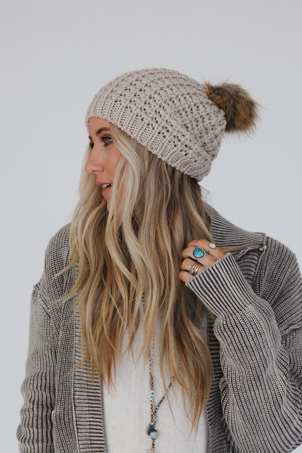 Aspen Waffle Knit Faux Fur Beanie - Mocha