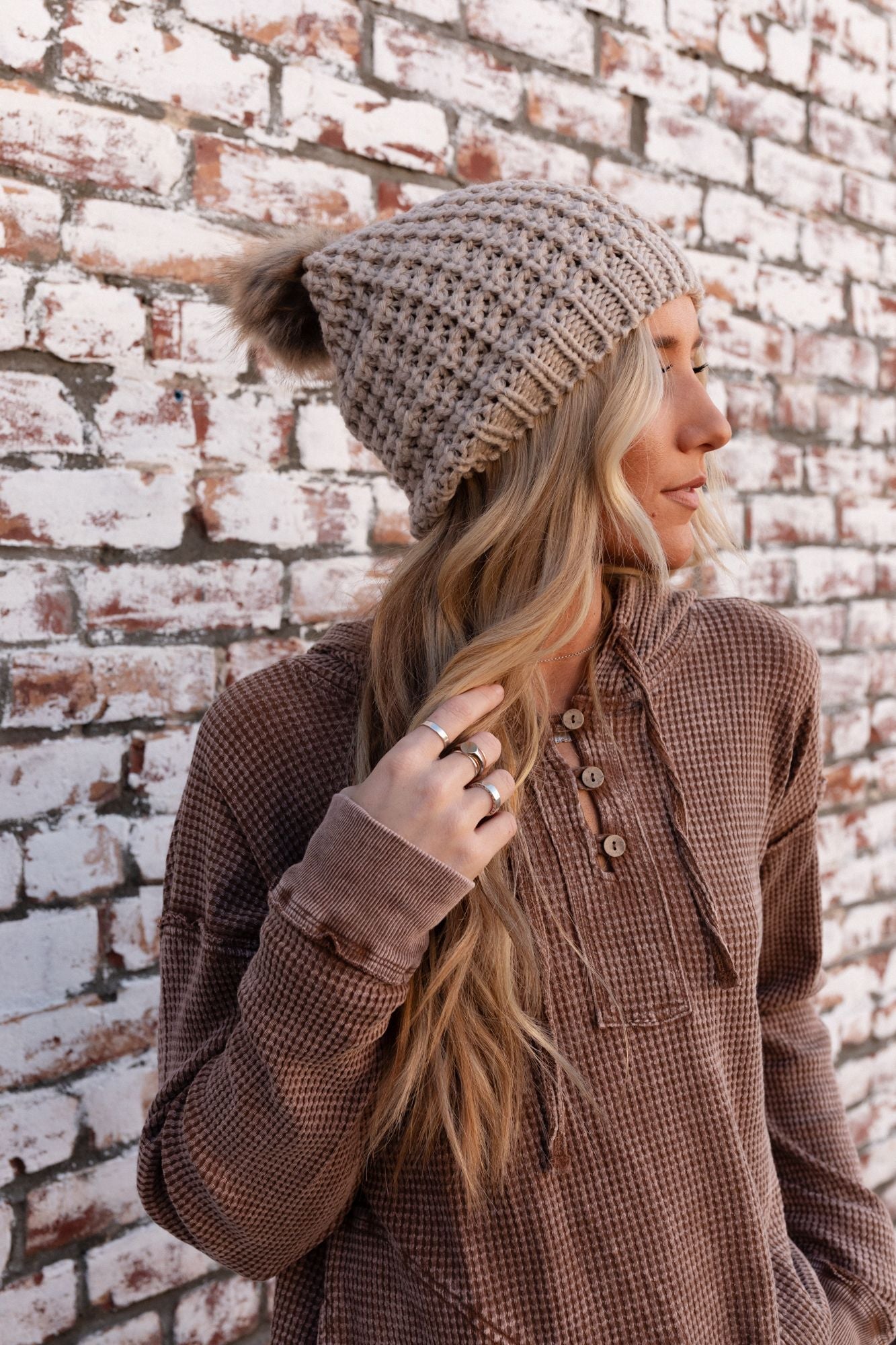 Aspen Waffle Knit Faux Fur Beanie - Mocha