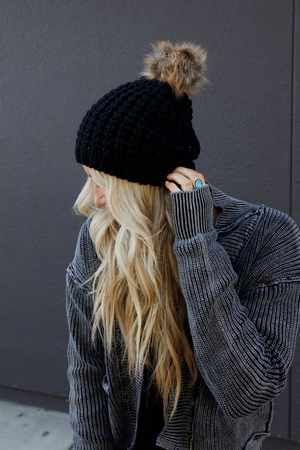 Aspen Waffle Knit Faux Fur Beanie - Black