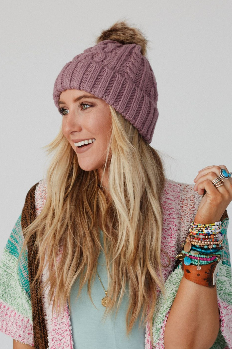 Cable Knit Faux Fur Pom Beanie - Mauve