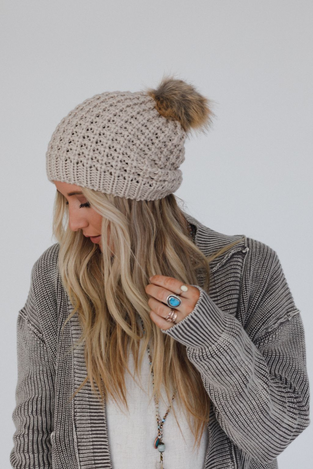 Aspen Waffle Knit Faux Fur Beanie - Mocha