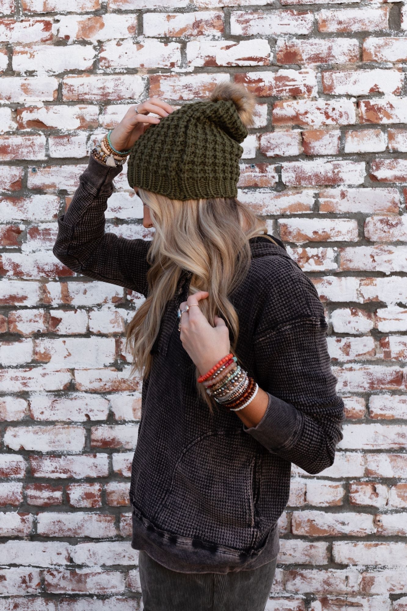 Aspen Waffle Knit Faux Fur Beanie - Olive