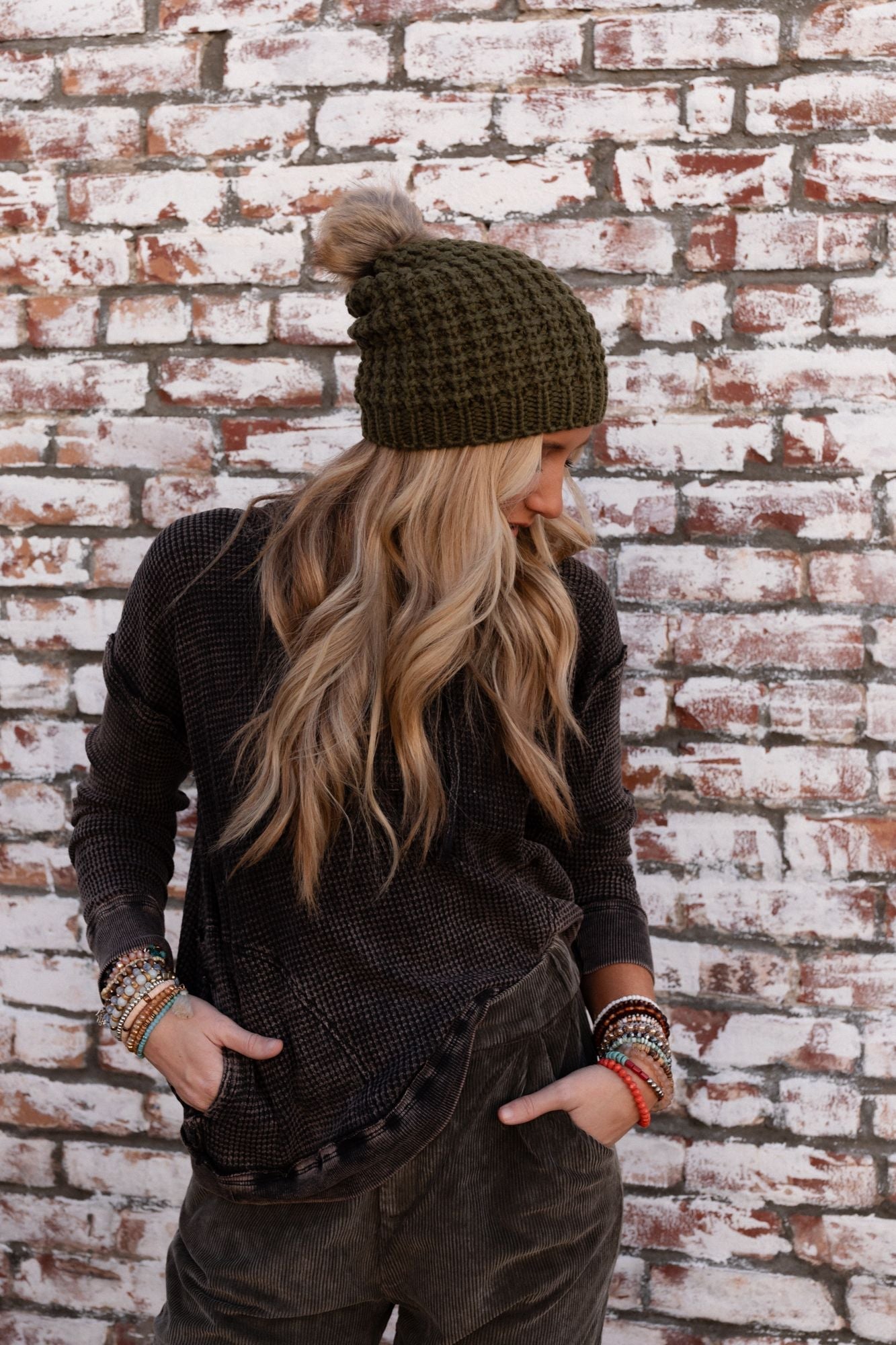 Aspen Waffle Knit Faux Fur Beanie - Olive