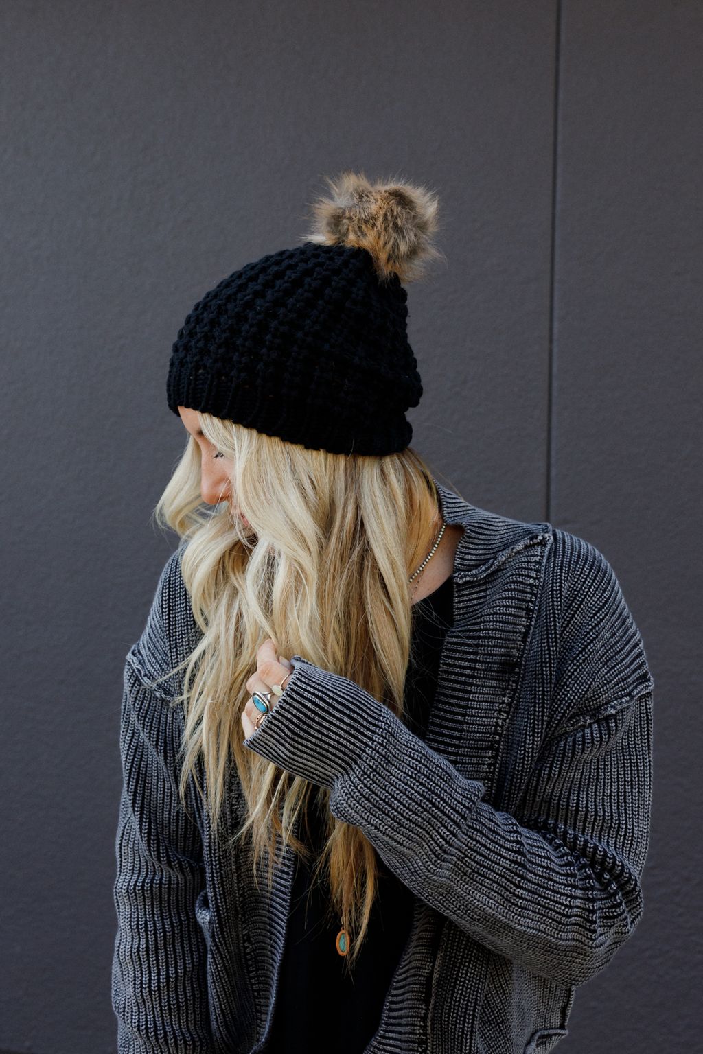 Aspen Waffle Knit Faux Fur Beanie - Black