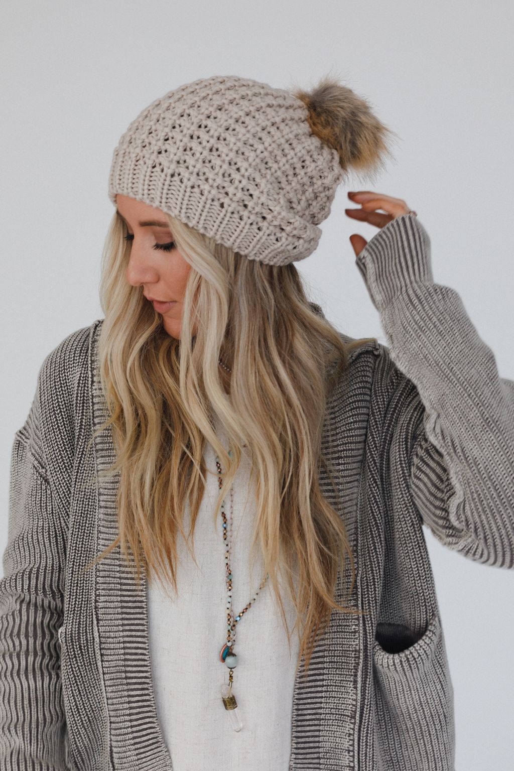 Aspen Waffle Knit Faux Fur Beanie - Mocha