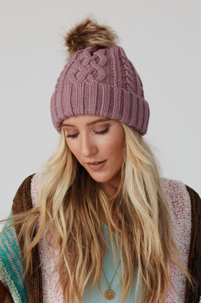Cable Knit Faux Fur Pom Beanie - Mauve