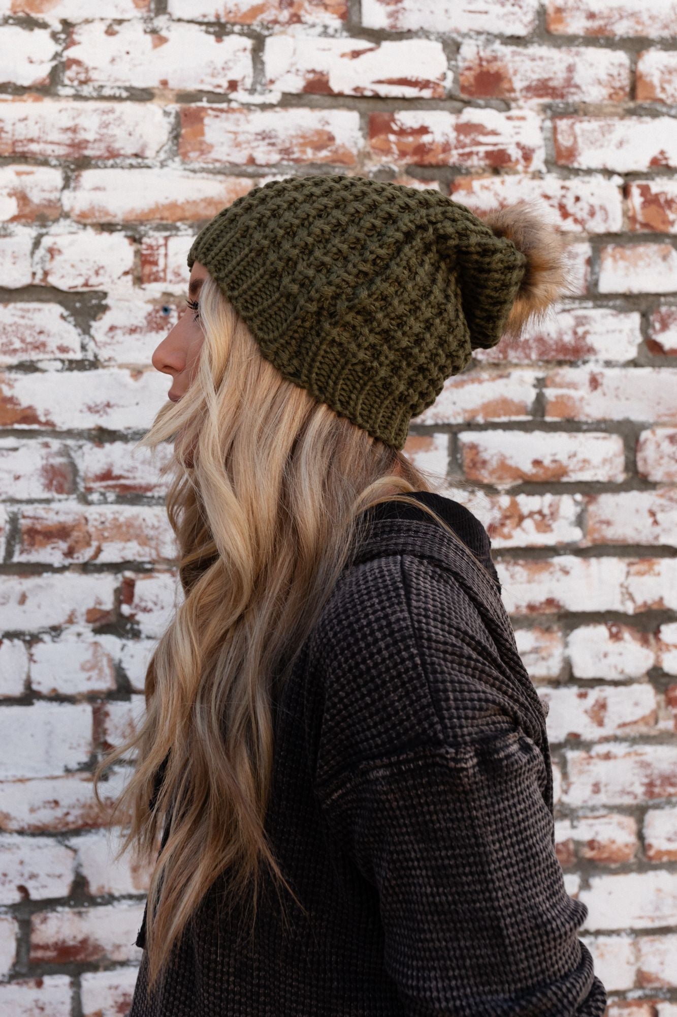 Aspen Waffle Knit Faux Fur Beanie - Olive