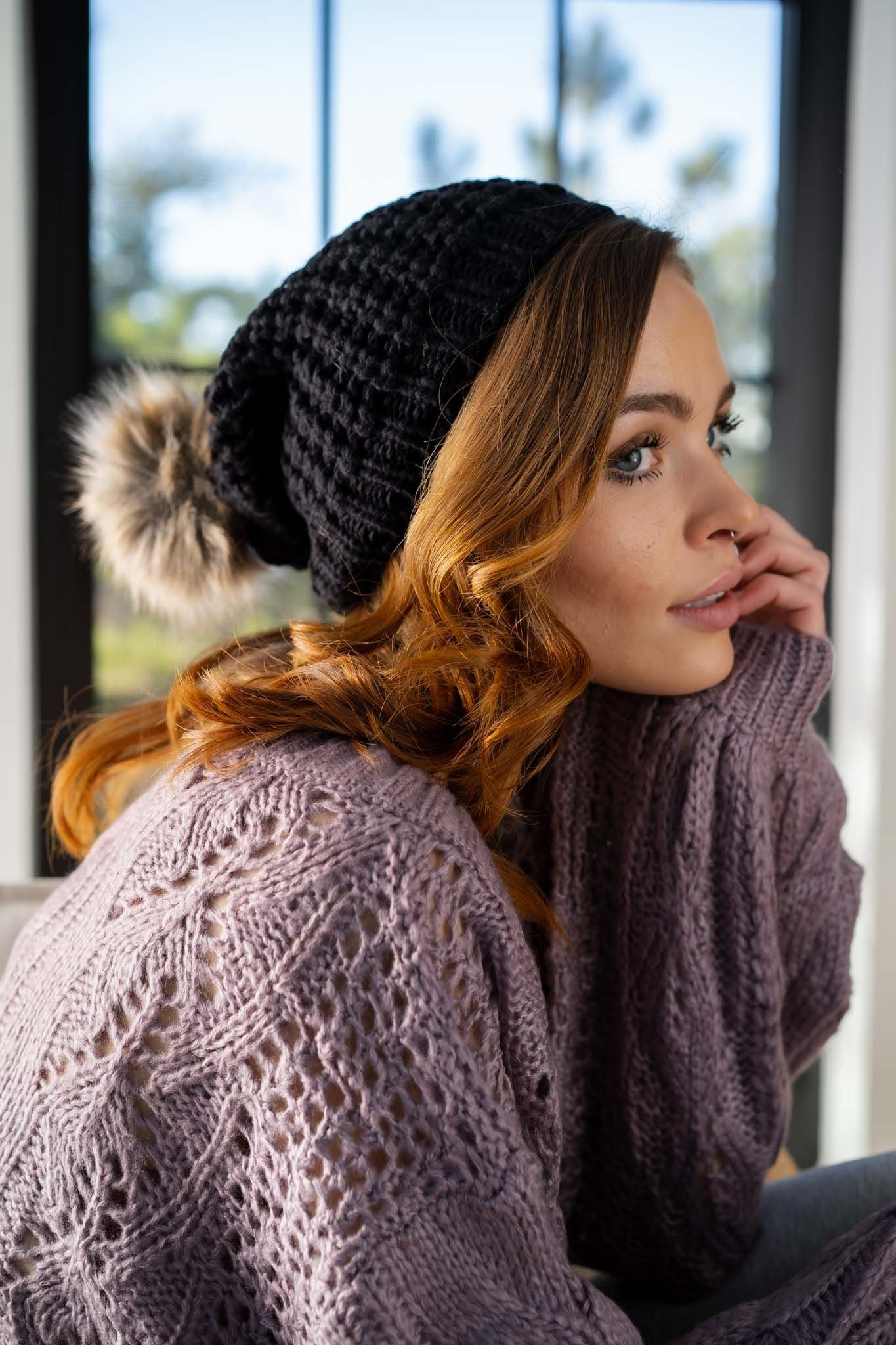 Aspen Waffle Knit Faux Fur Beanie - Black