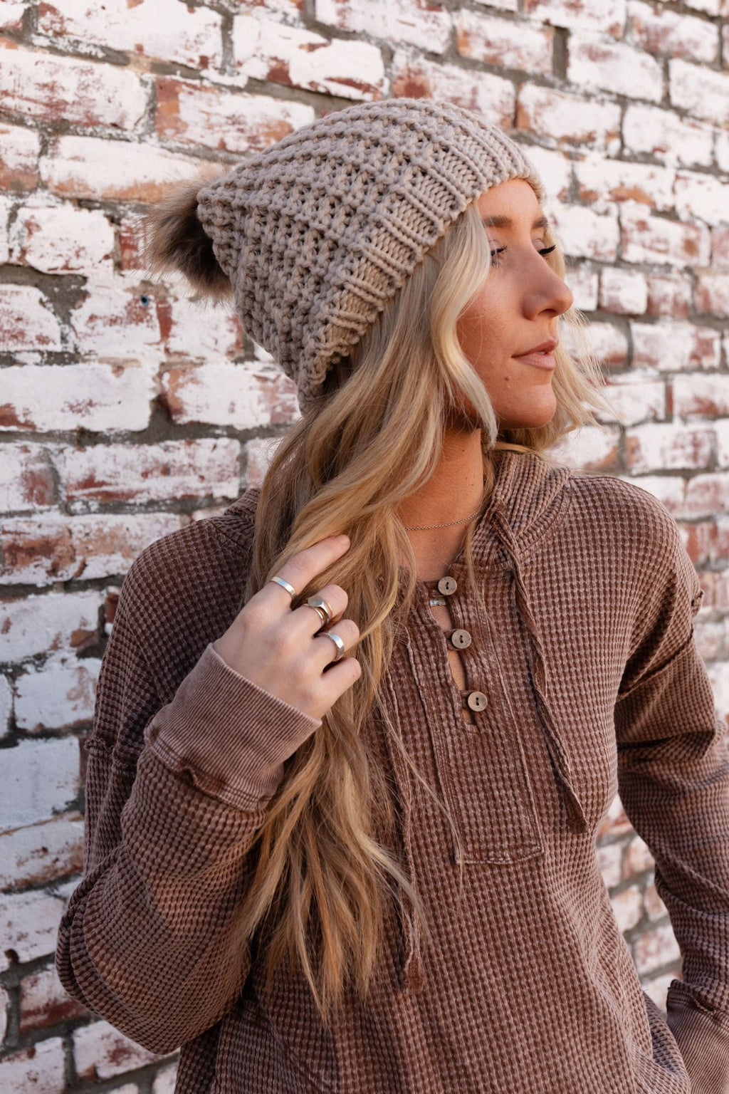 Aspen Waffle Knit Faux Fur Beanie - Mocha