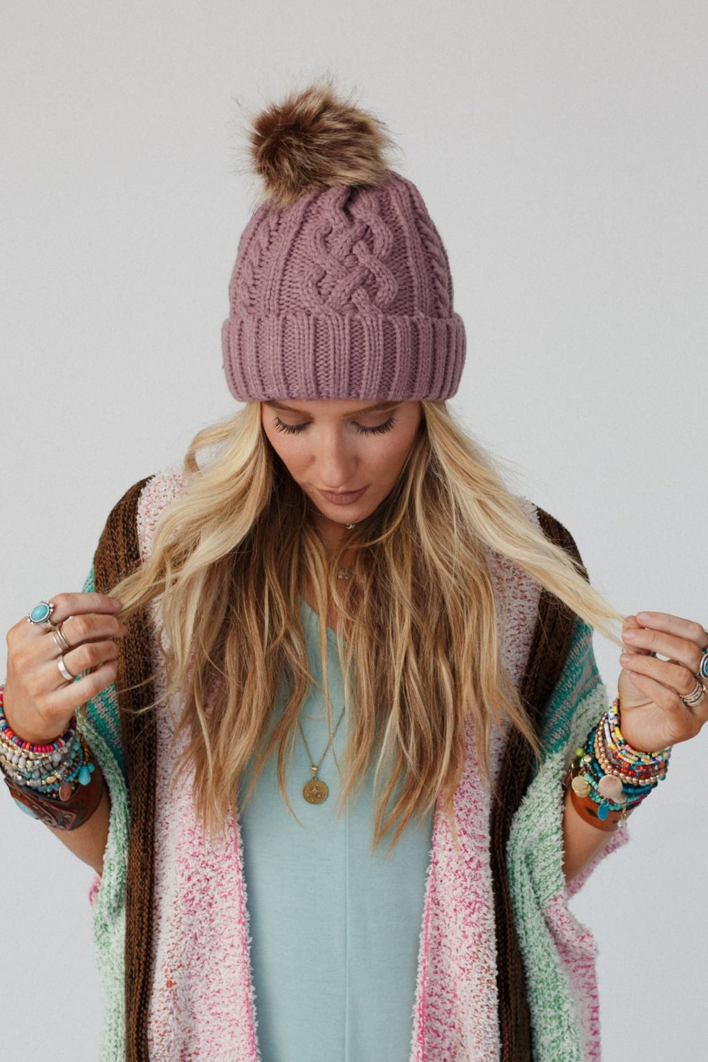 Cable Knit Faux Fur Pom Beanie - Mauve