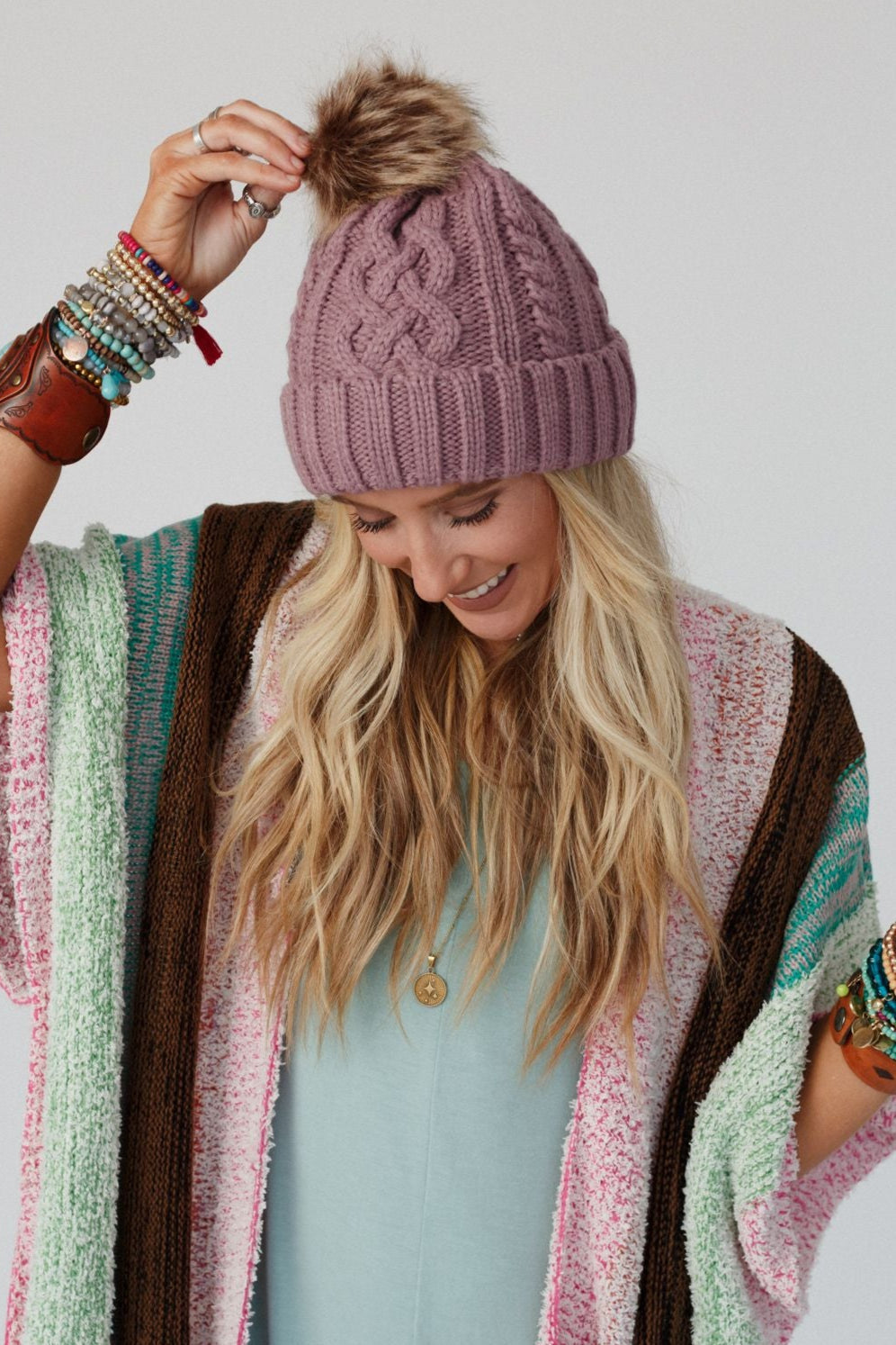Cable Knit Faux Fur Pom Beanie - Mauve