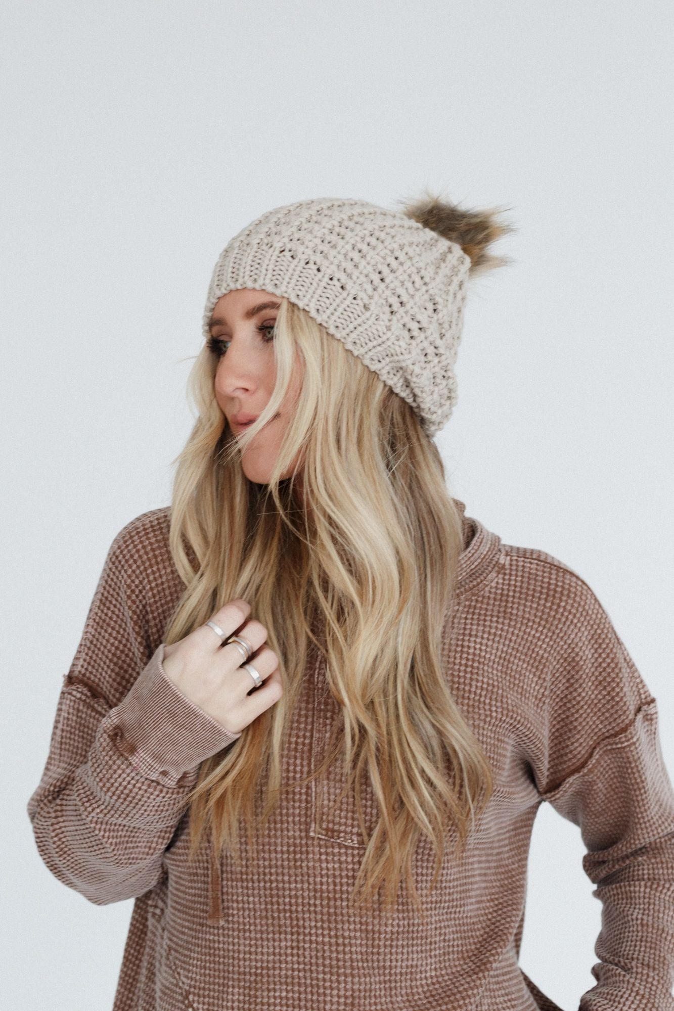 Aspen Waffle Knit Faux Fur Beanie - Mocha